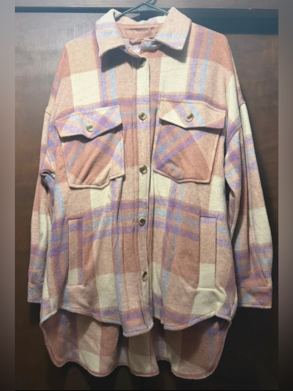 SO Plaid Utility Shacket in Peach, Cream & Lavender